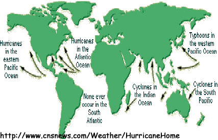 Locais onde ocorrem os furaces. Para saber mais sobre furaces, visite http://www.cnsnews.com/Weather/HurricaneHome