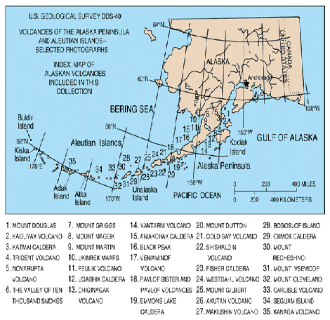 Mapa dos vulc�es no Arquip�lago Aleutas